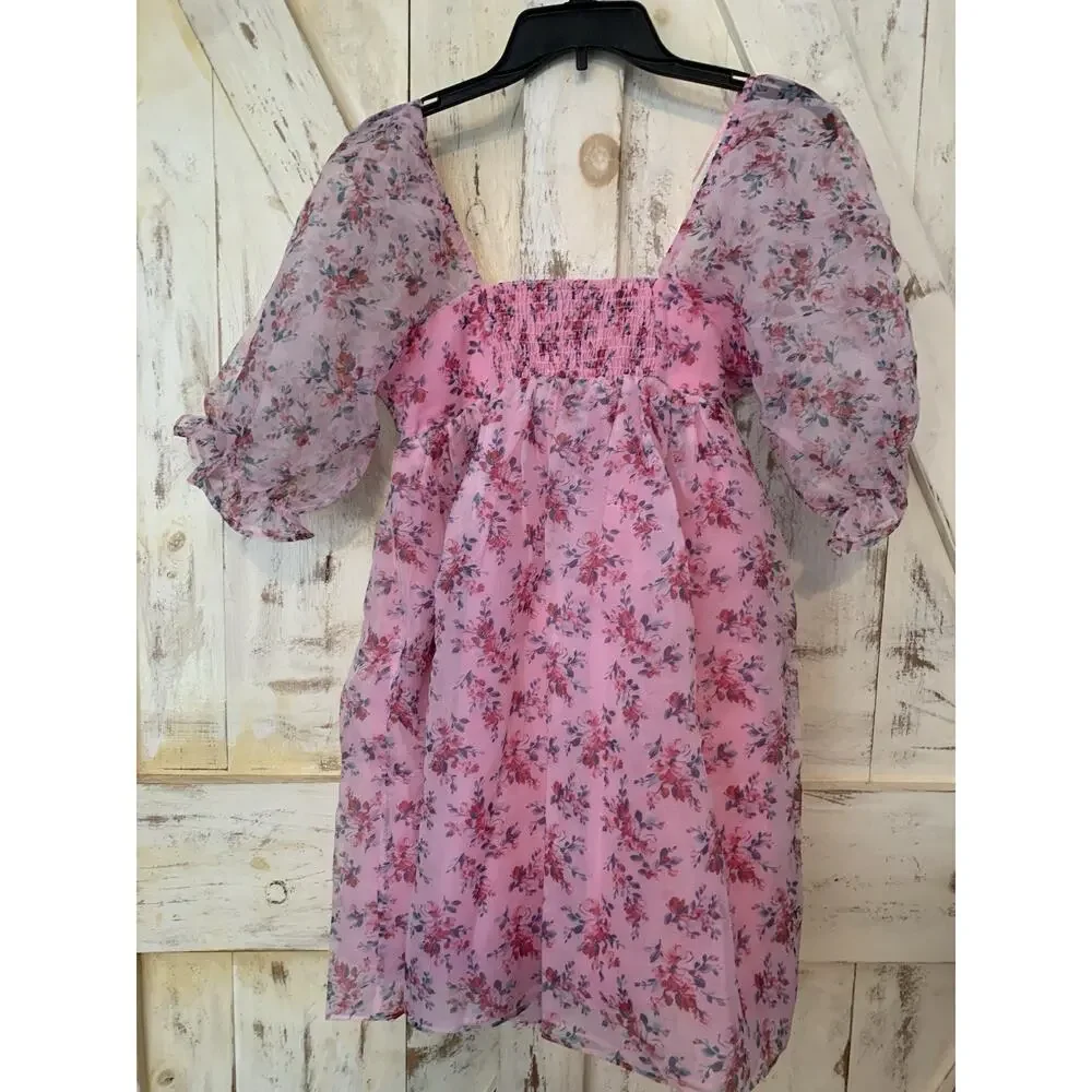 Endless Rose Floral Puff Pink Barbie Baby Doll Mini Dress Balloon Sleeves Size S